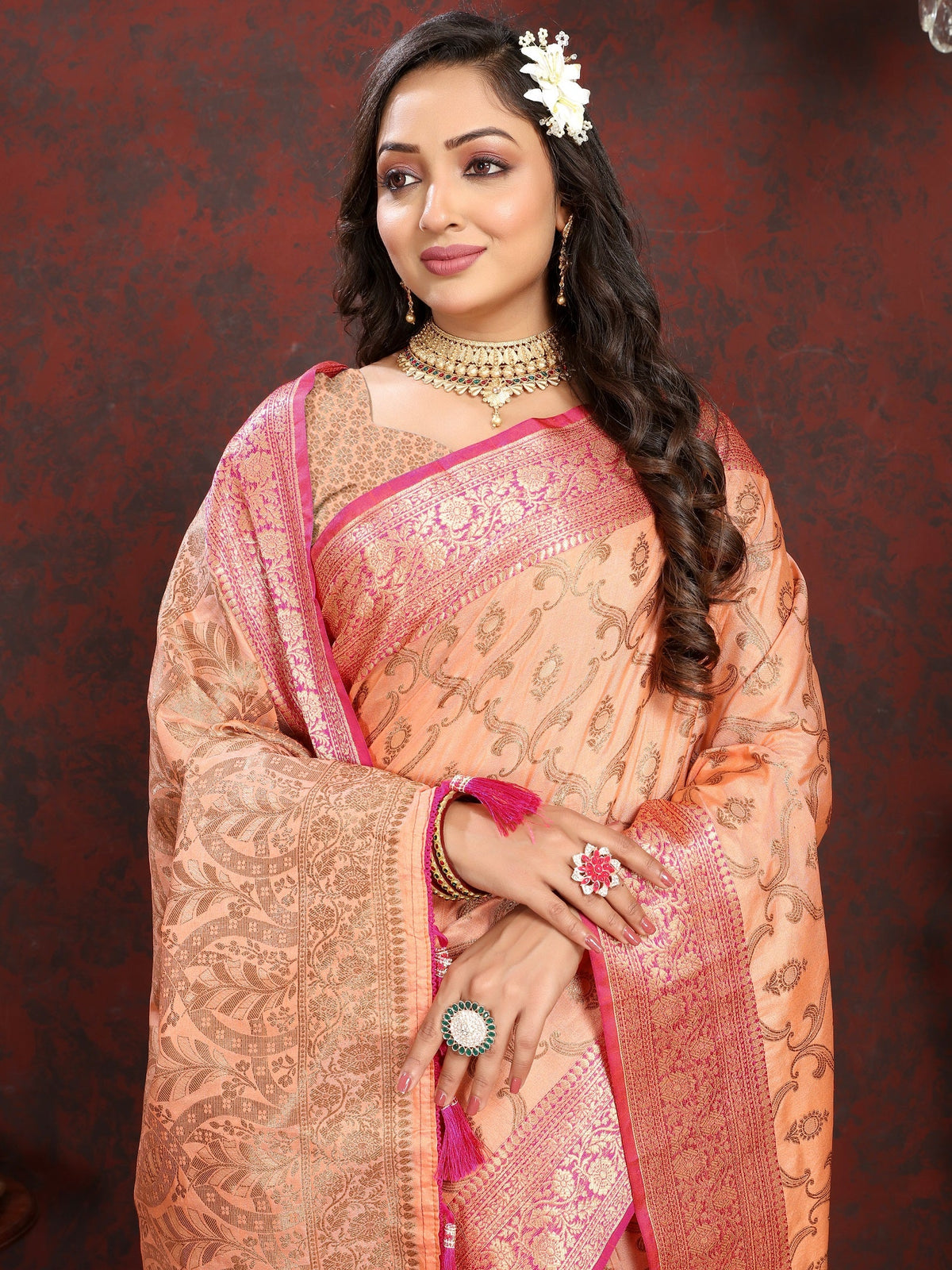 Vedant Vastram Peach Color Banarasi Silk Saree - Peach | Grocsy