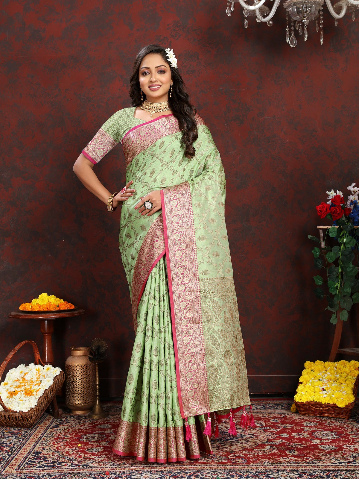Vedant Vastram Pista Color Banarasi Silk Saree - Pista | Grocsy
