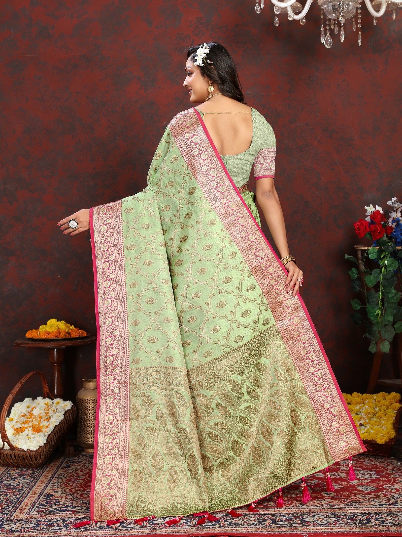 Vedant Vastram Pista Color Banarasi Silk Saree - Pista | Grocsy