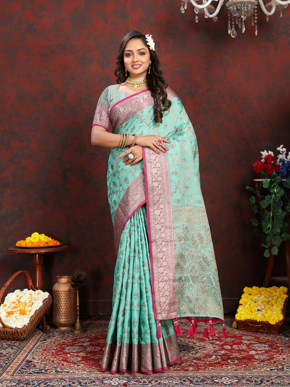 Vedant Vastram Turquoise Color Banarasi Silk Saree - Turquoise | Grocsy