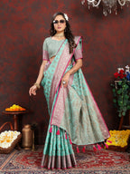 Vedant Vastram Turquoise Color Banarasi Silk Saree - Turquoise | Grocsy