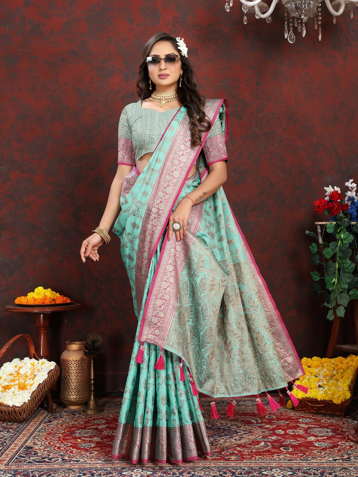Vedant Vastram Turquoise Color Banarasi Silk Saree - Turquoise | Grocsy