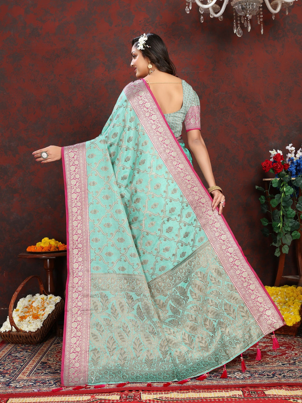 Vedant Vastram Turquoise Color Banarasi Silk Saree - Turquoise | Grocsy
