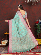 Vedant Vastram Turquoise Color Banarasi Silk Saree - Turquoise | Grocsy