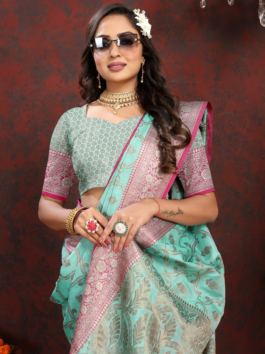 Vedant Vastram Turquoise Color Banarasi Silk Saree - Turquoise | Grocsy