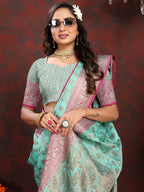 Vedant Vastram Turquoise Color Banarasi Silk Saree - Turquoise | Grocsy