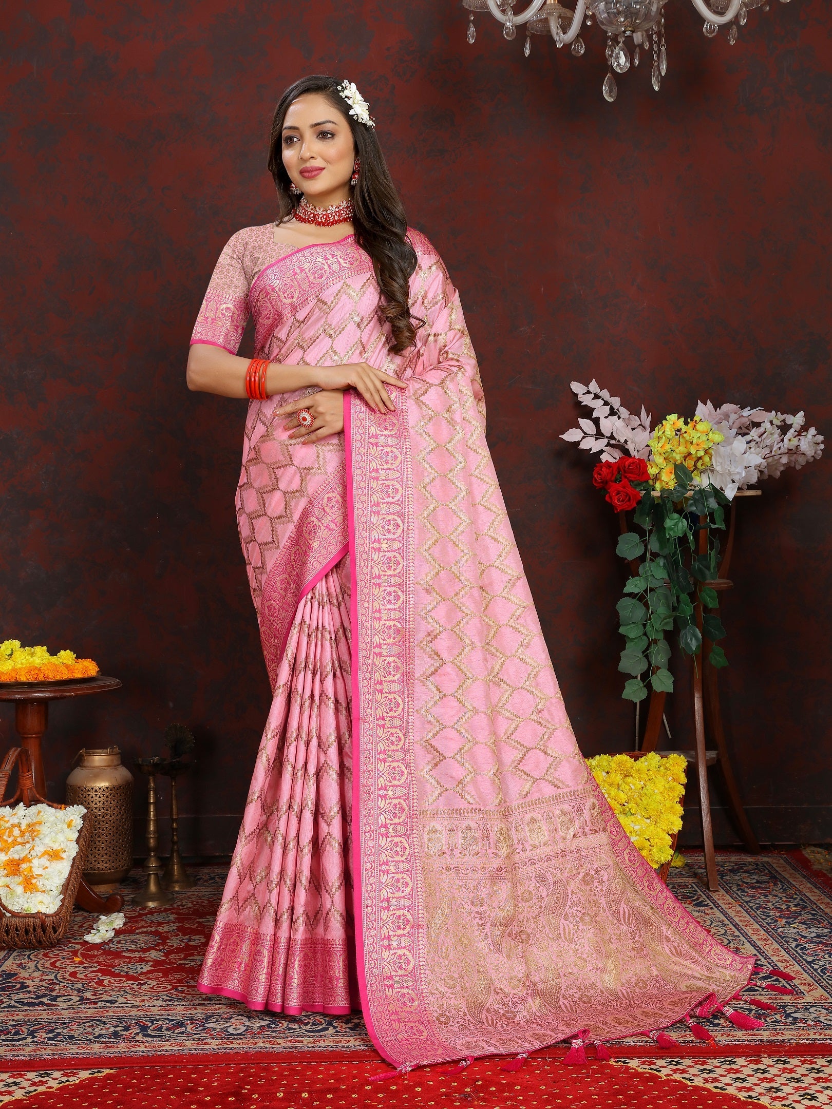 Vedant Vastram Baby Pink Color Banarasi Silk Saree - Baby Pink | Grocsy