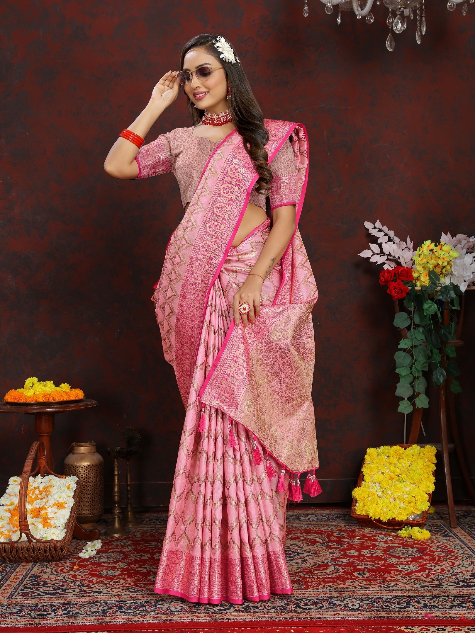 Vedant Vastram Baby Pink Color Banarasi Silk Saree - Baby Pink | Grocsy