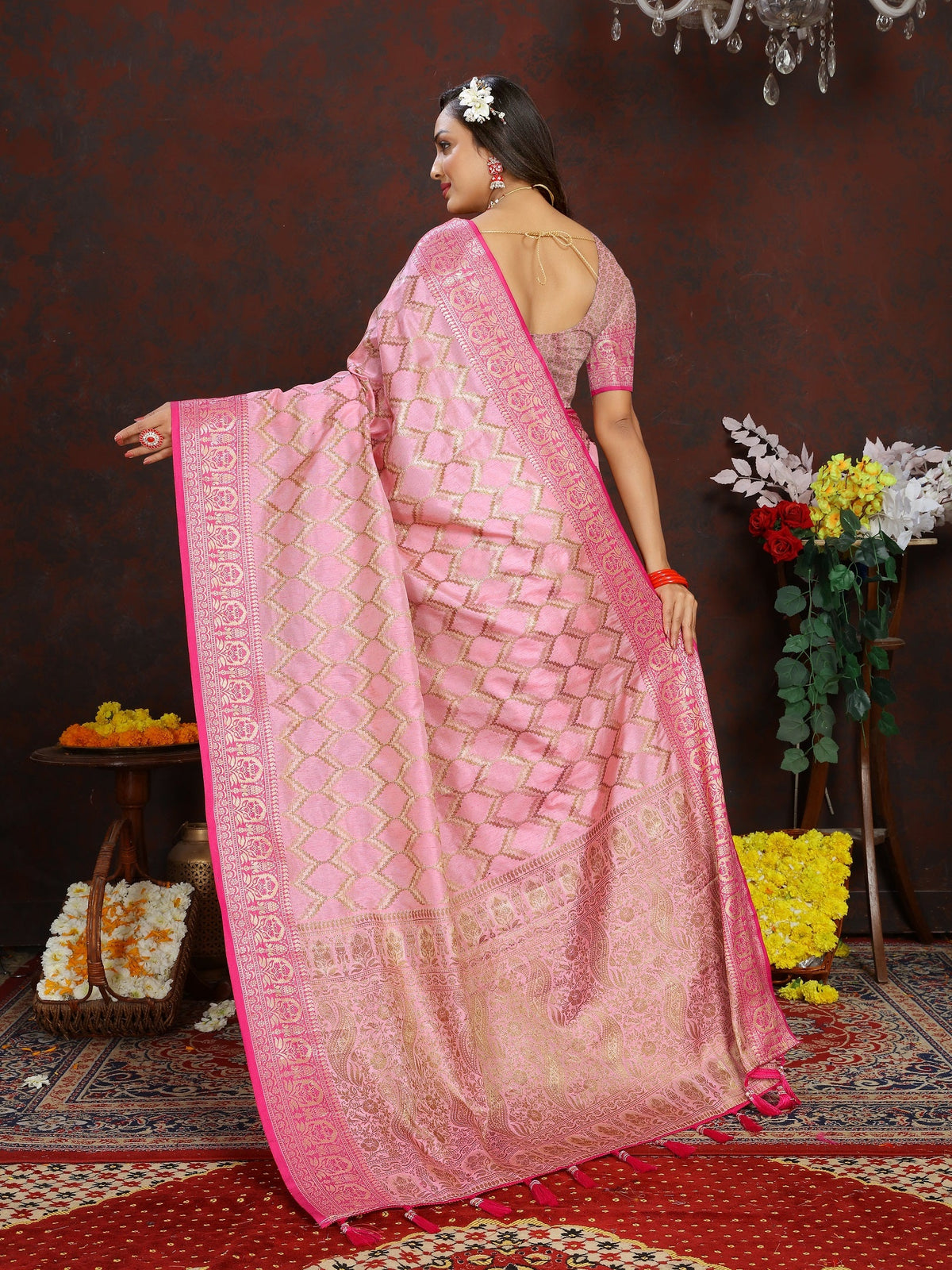 Vedant Vastram Baby Pink Color Banarasi Silk Saree - Baby Pink | Grocsy