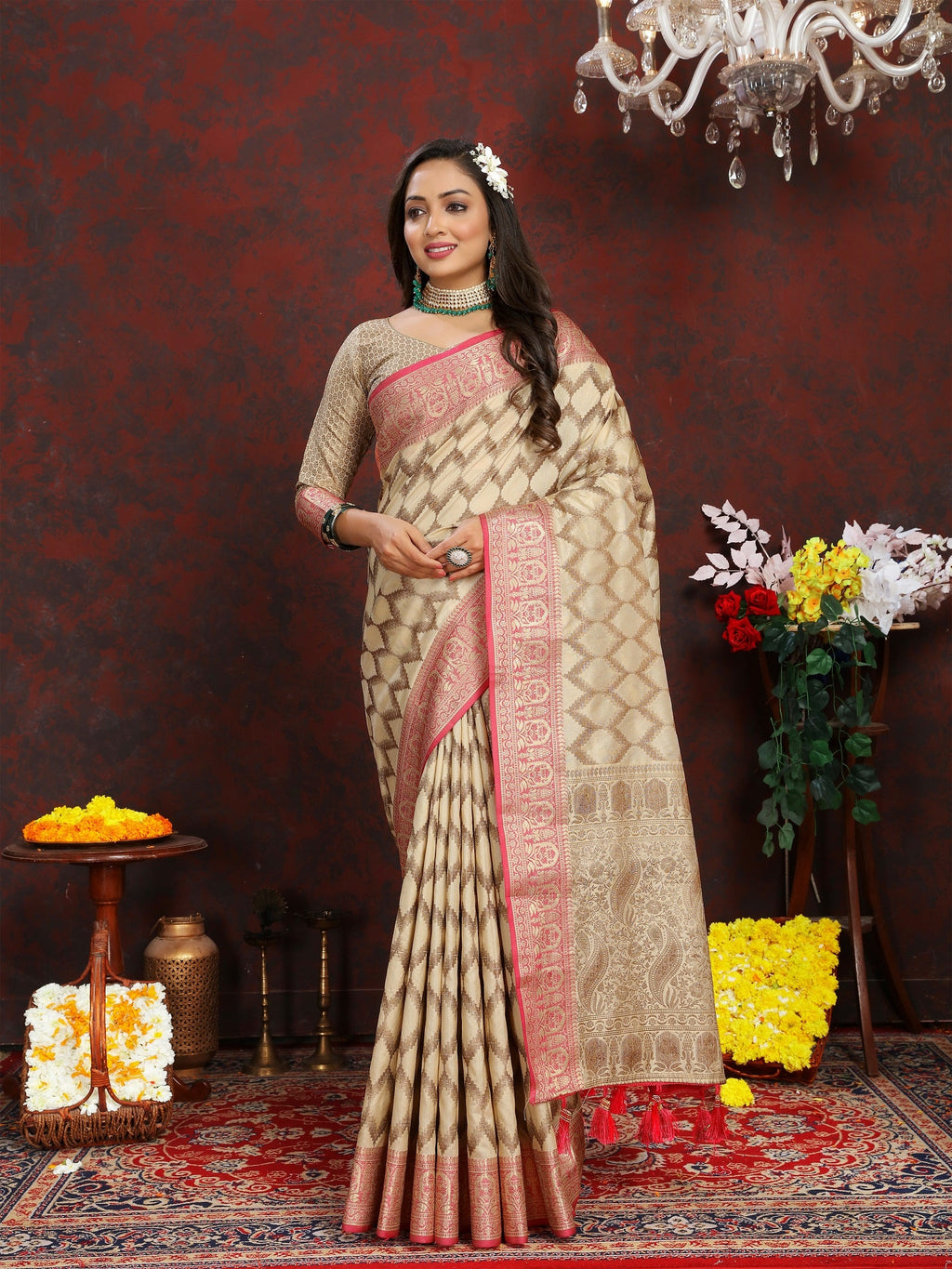 Vedant Vastram Beige Color Banarasi Silk Saree - Beige | Grocsy