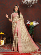 Vedant Vastram Beige Color Banarasi Silk Saree - Beige | Grocsy