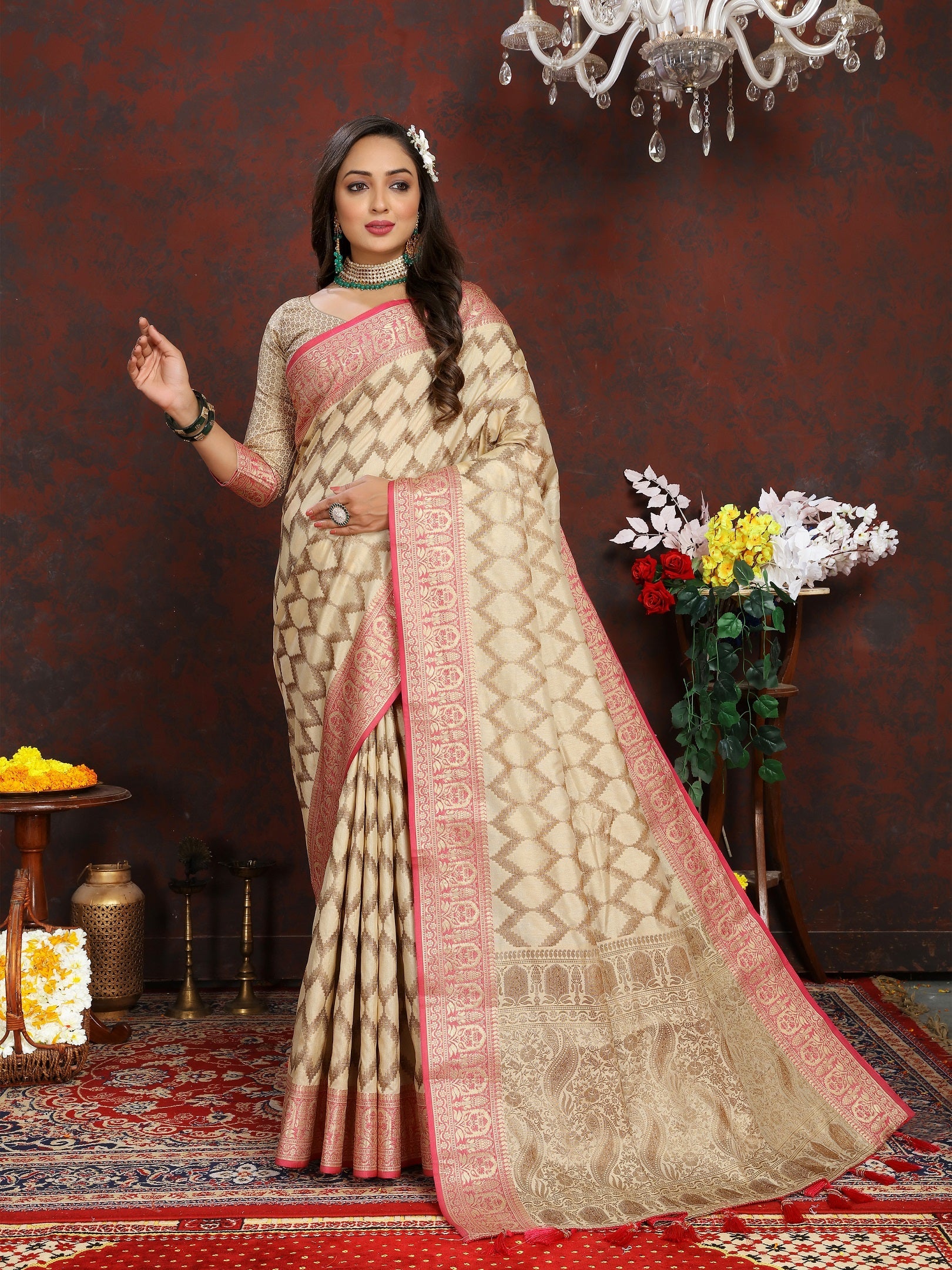 Vedant Vastram Beige Color Banarasi Silk Saree - Beige | Grocsy