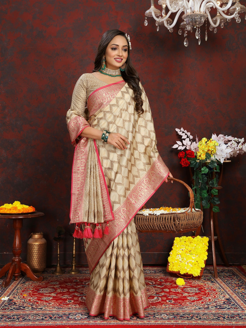 Vedant Vastram Beige Color Banarasi Silk Saree - Beige | Grocsy