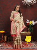 Vedant Vastram Beige Color Banarasi Silk Saree - Beige | Grocsy