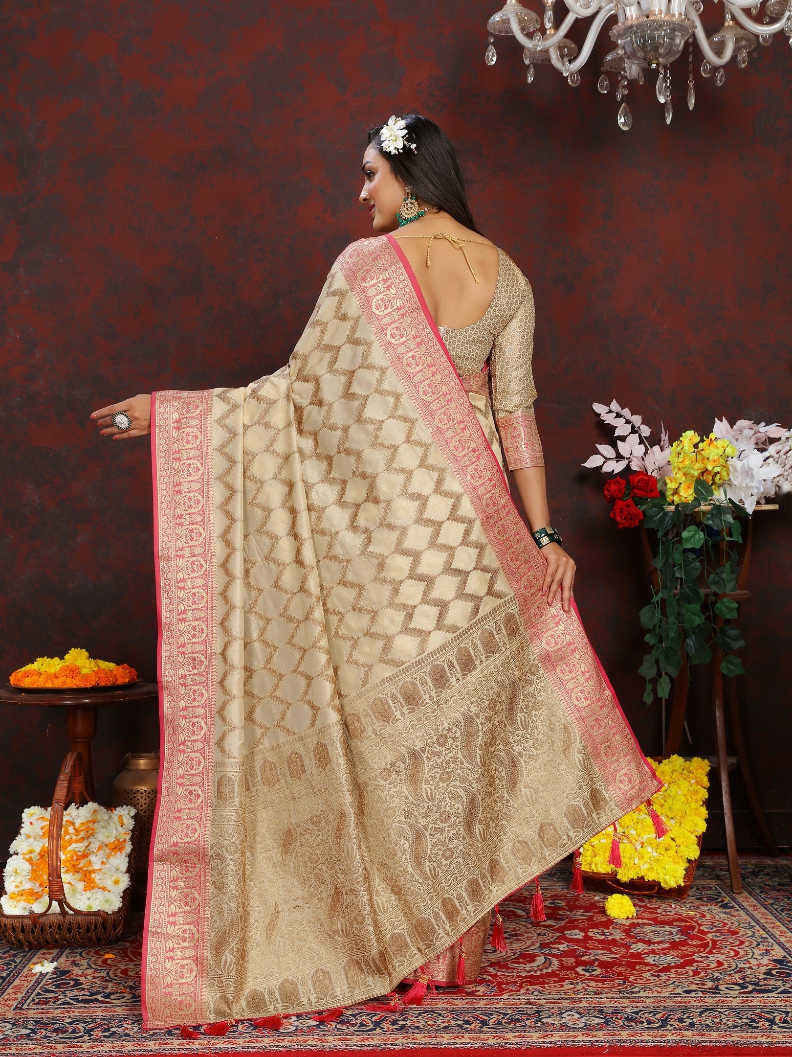 Vedant Vastram Beige Color Banarasi Silk Saree - Beige | Grocsy