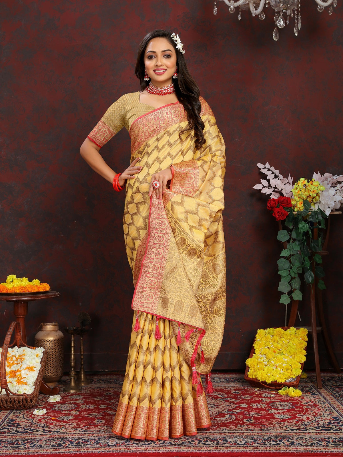 Vedant Vastram Mustard Color Banarasi Silk Saree - Mustard | Grocsy