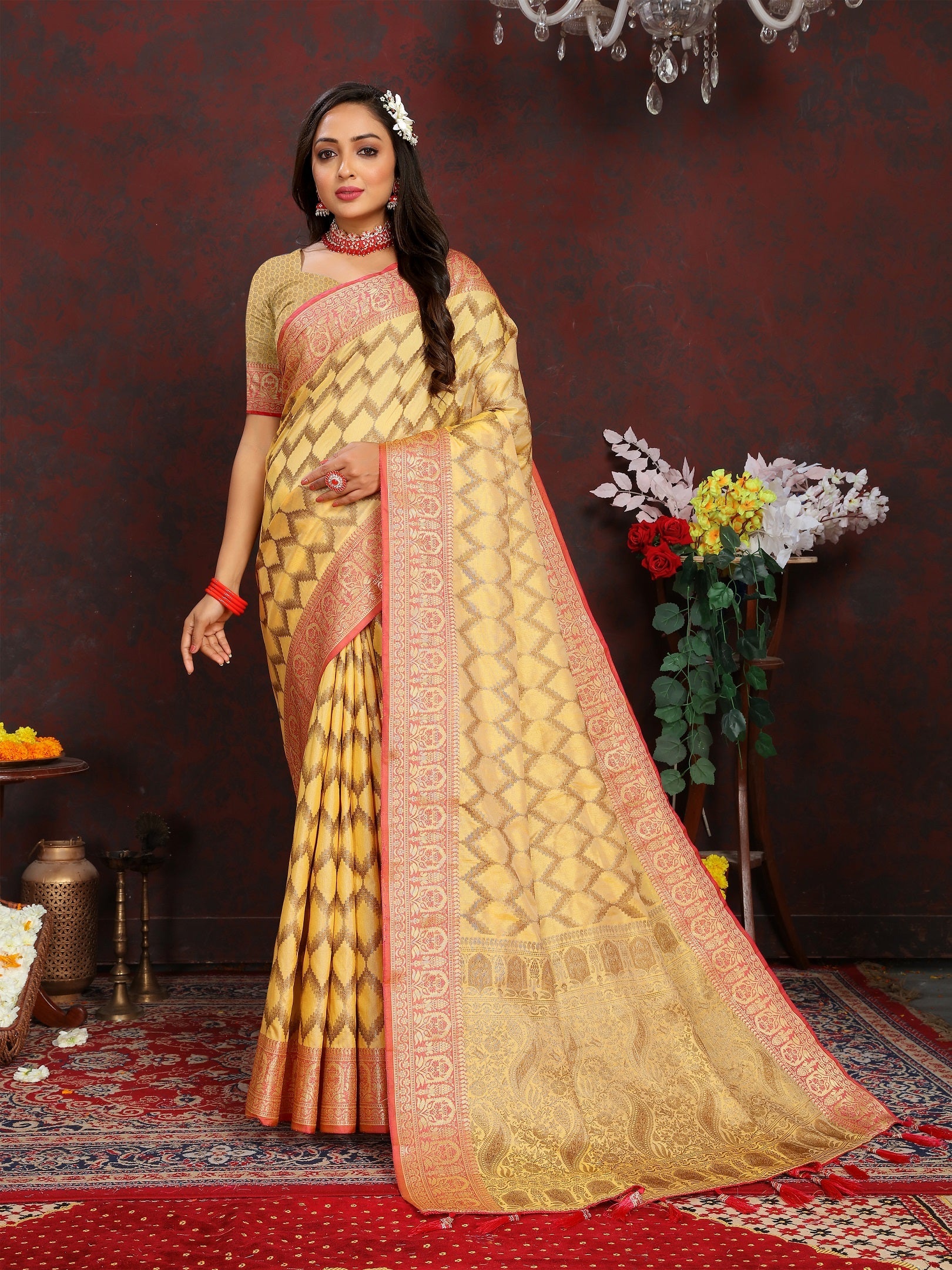 Vedant Vastram Mustard Color Banarasi Silk Saree - Mustard | Grocsy