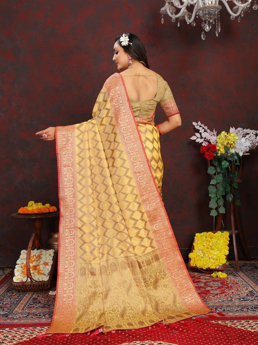 Vedant Vastram Mustard Color Banarasi Silk Saree - Mustard | Grocsy