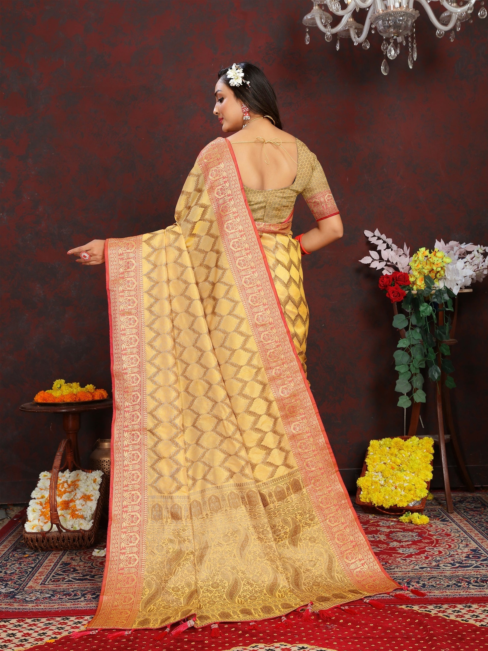 Vedant Vastram Mustard Color Banarasi Silk Saree - Mustard | Grocsy