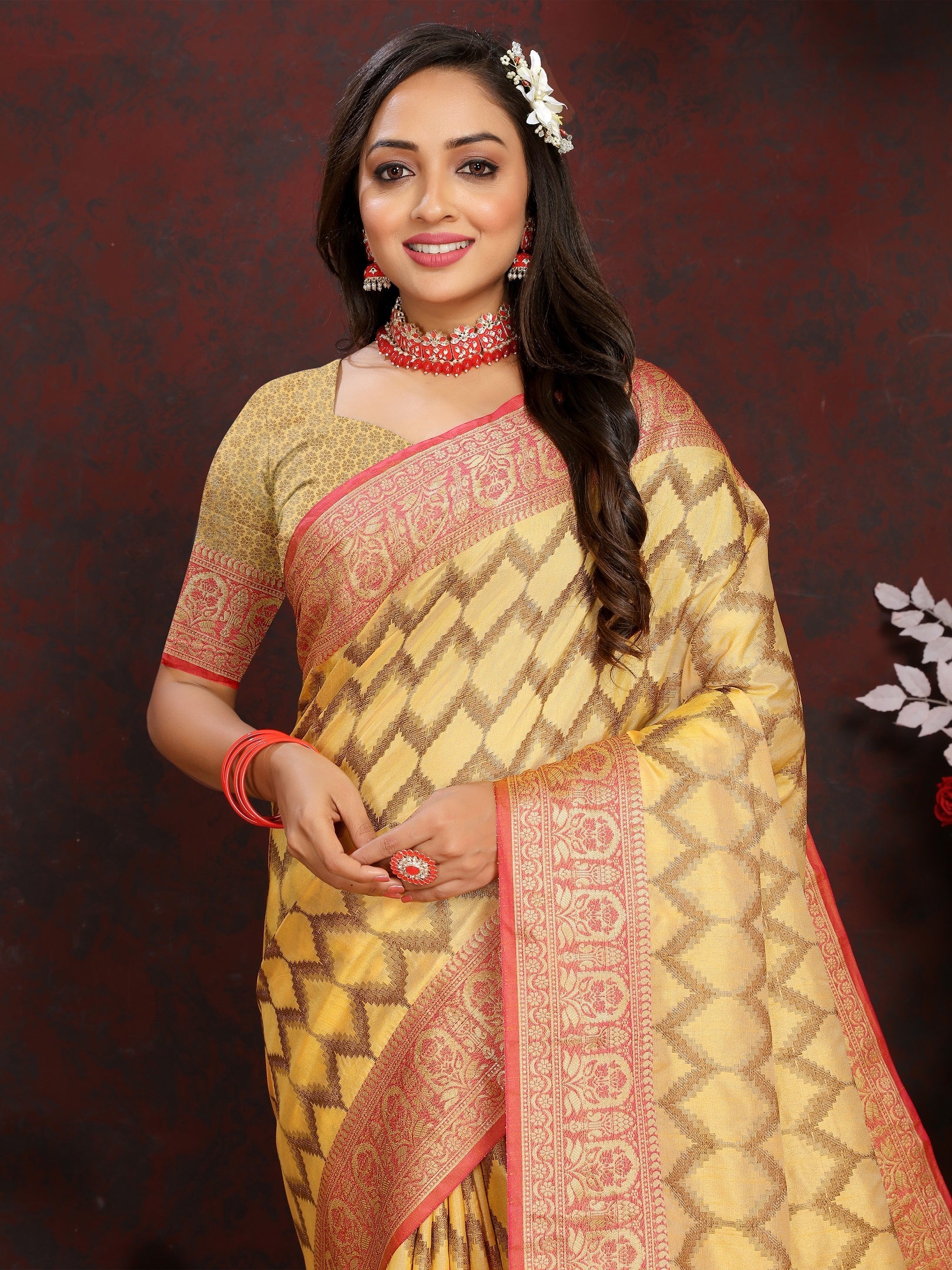 Vedant Vastram Mustard Color Banarasi Silk Saree - Mustard | Grocsy