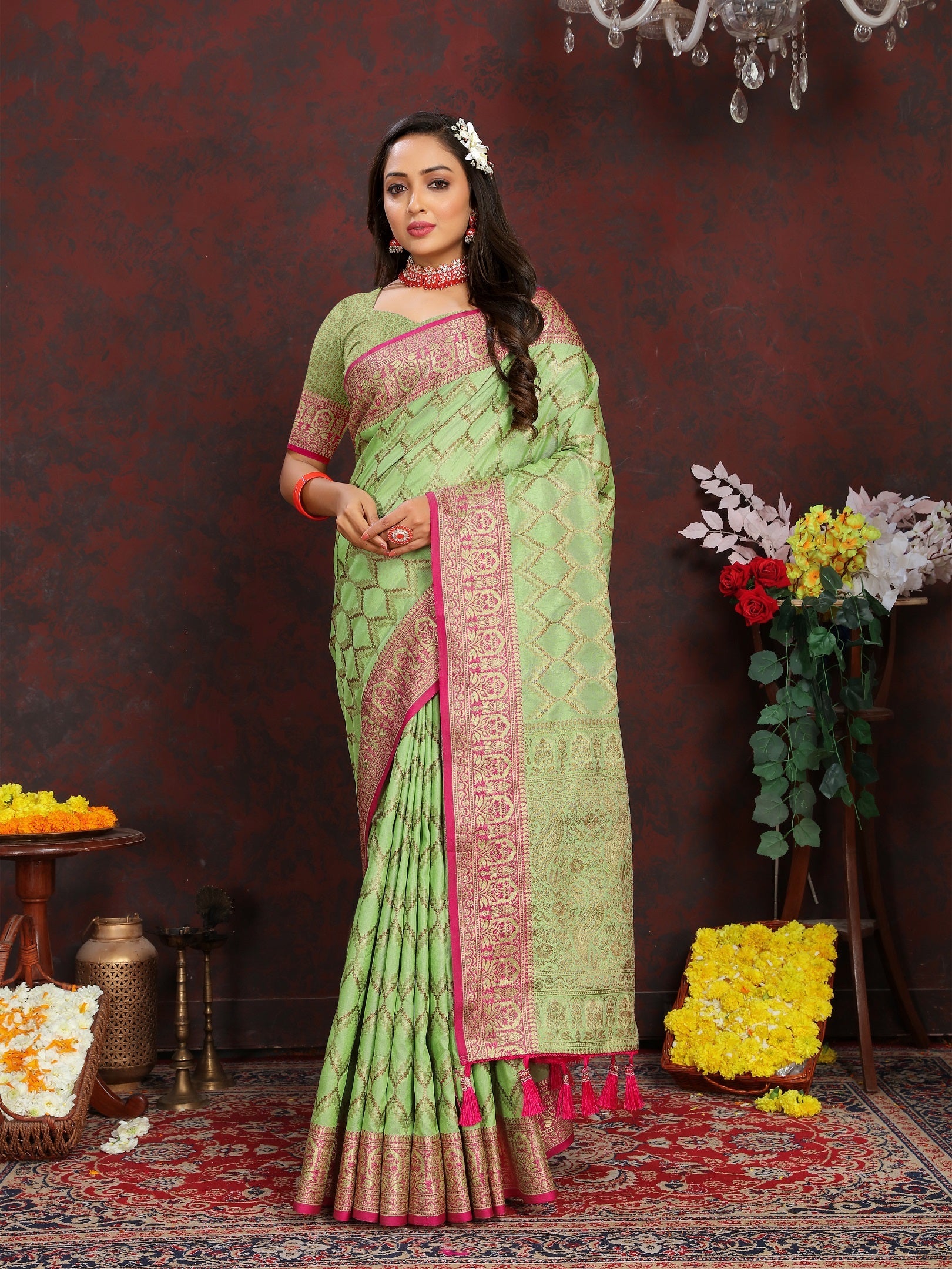 Vedant Vastram Parrot Color Banarasi Silk Saree - Parrot | Grocsy