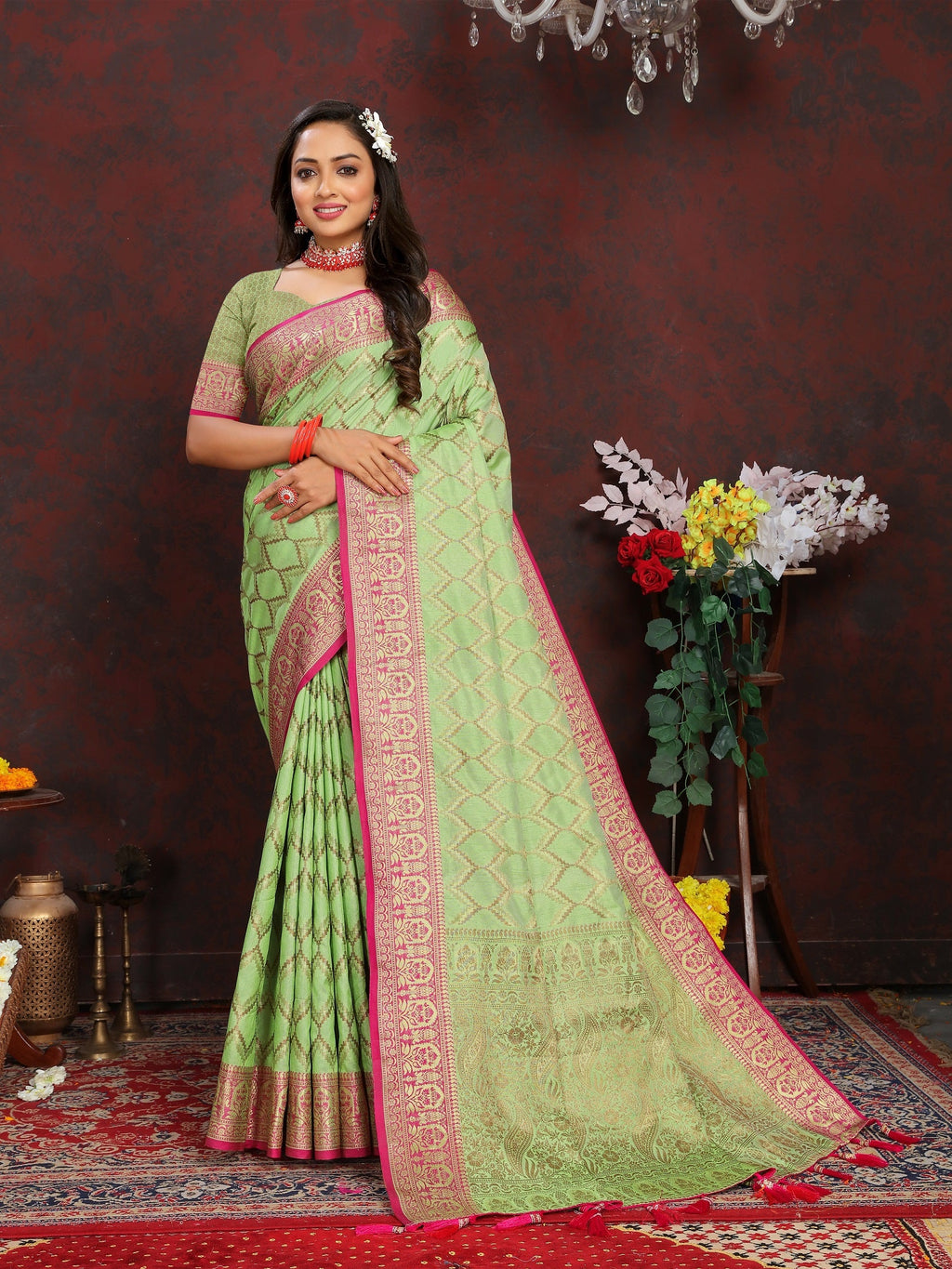 Vedant Vastram Parrot Color Banarasi Silk Saree - Parrot | Grocsy