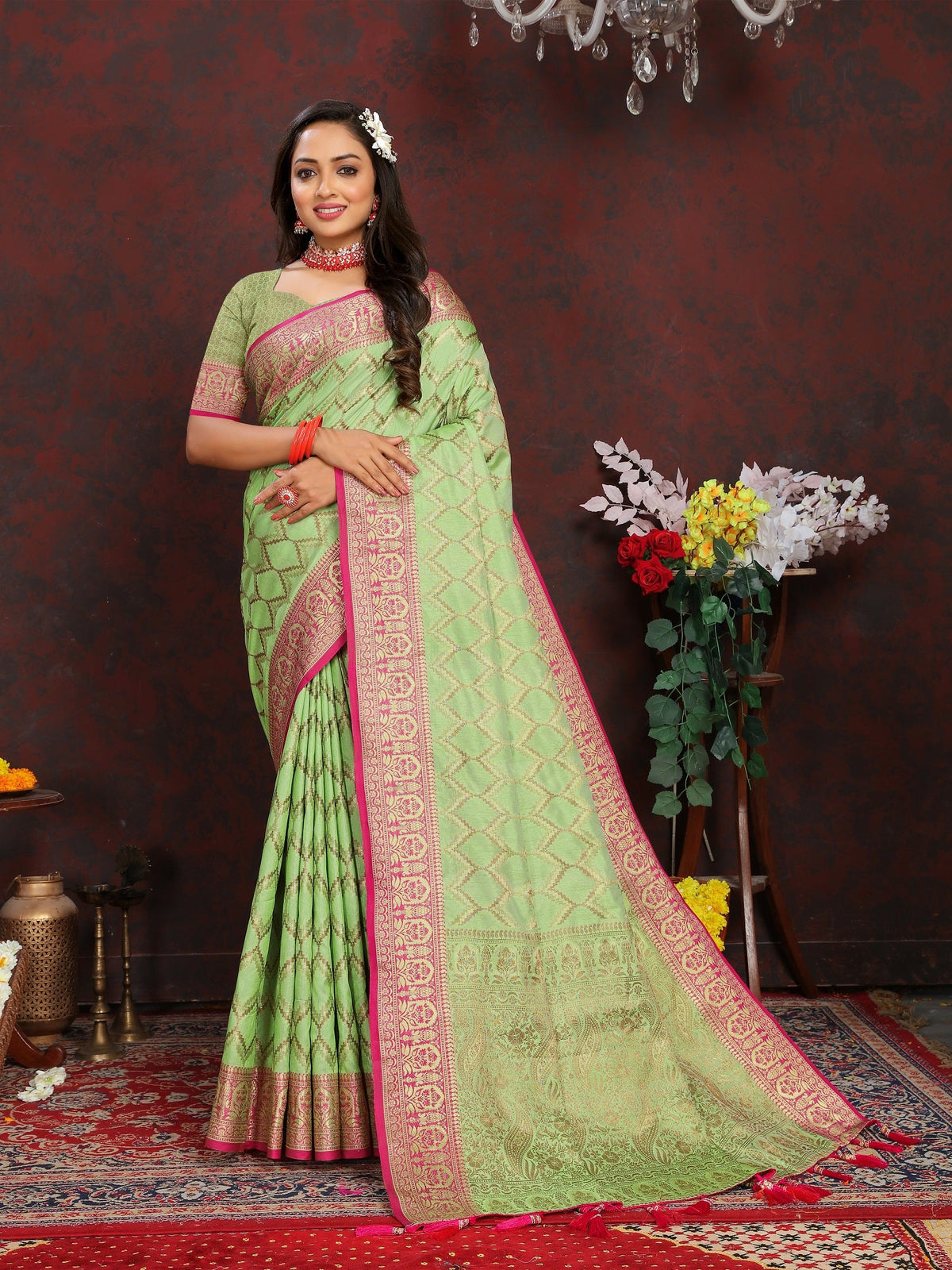 Vedant Vastram Parrot Color Banarasi Silk Saree - Parrot | Grocsy