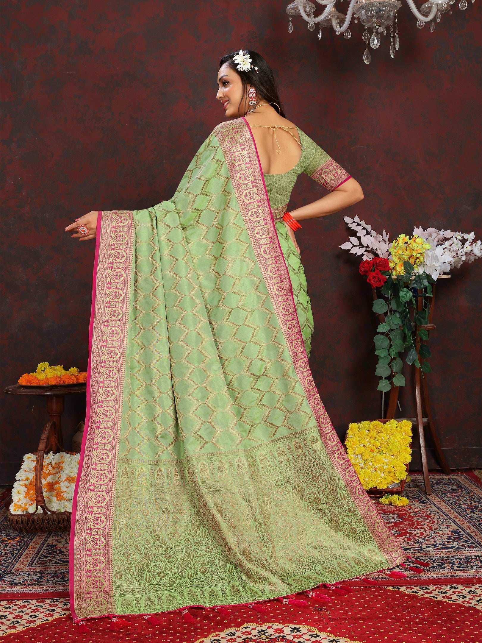 Vedant Vastram Parrot Color Banarasi Silk Saree - Parrot | Grocsy