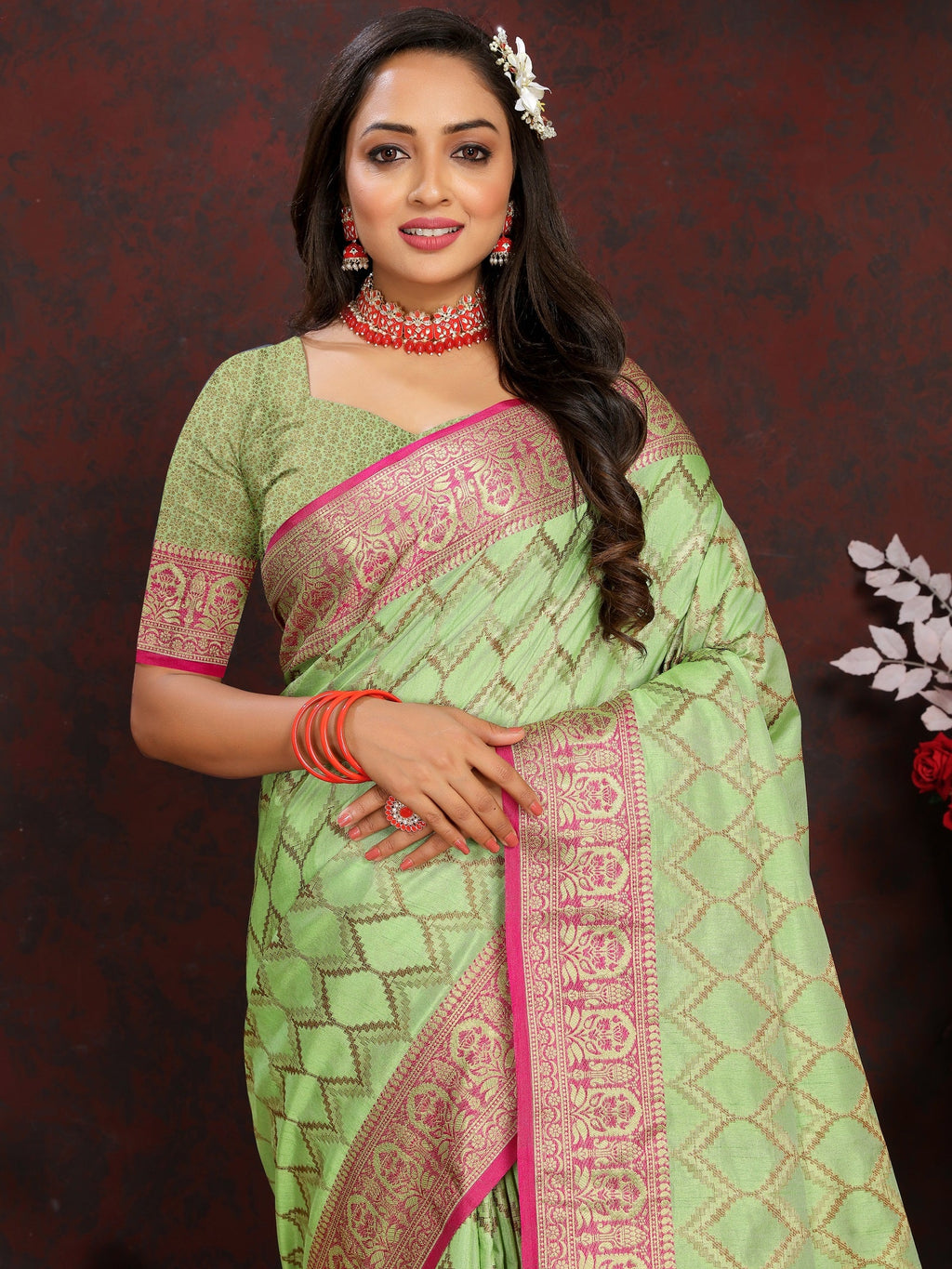Vedant Vastram Parrot Color Banarasi Silk Saree - Parrot | Grocsy