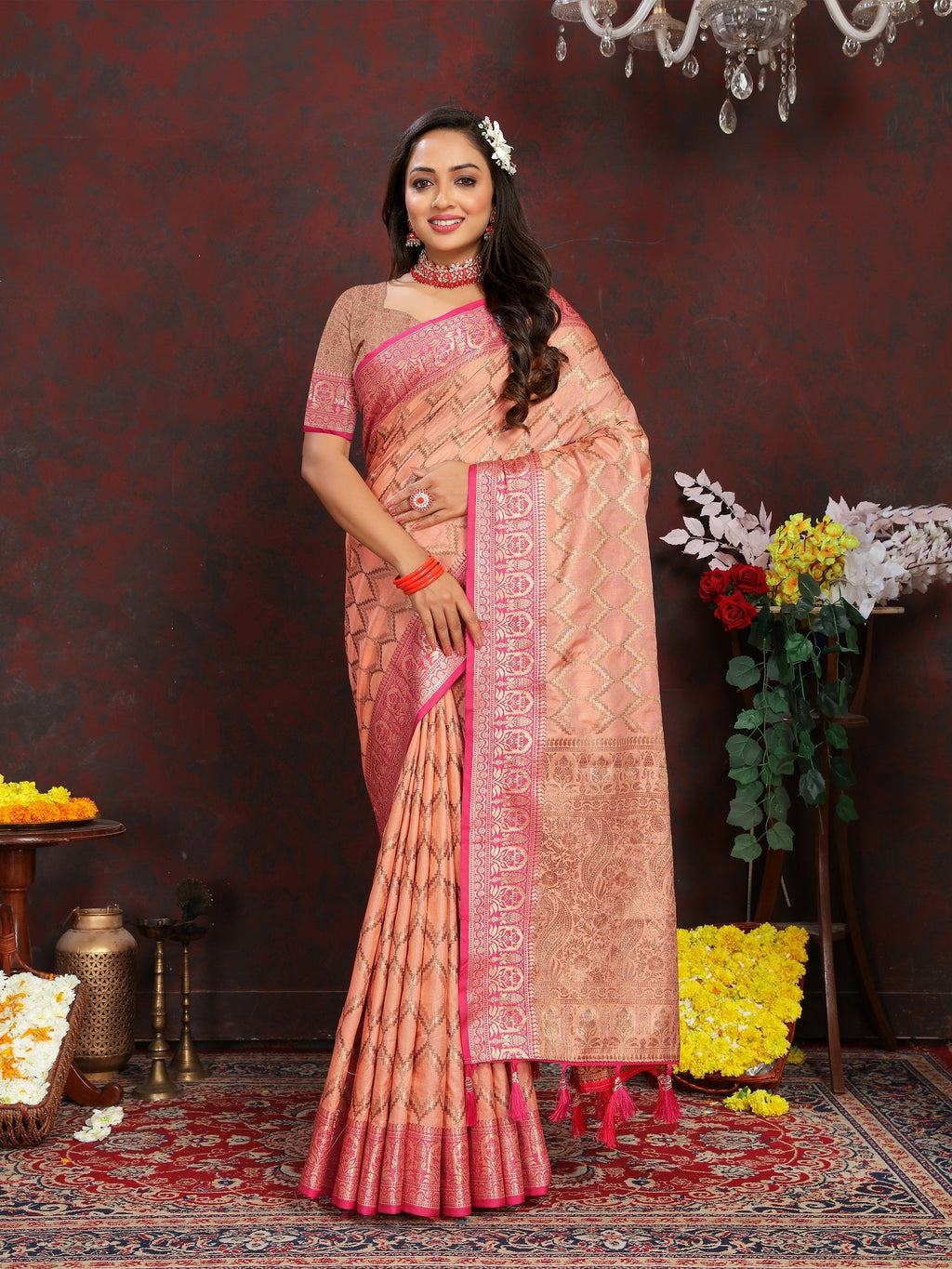 Vedant Vastram Peach Color Banarasi Silk Saree - Peach | Grocsy