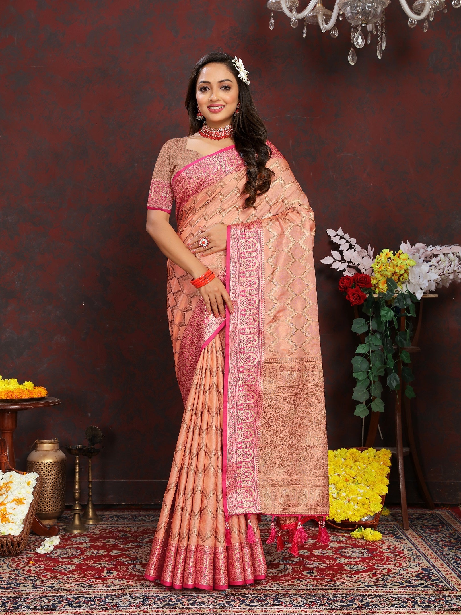 Vedant Vastram Peach Color Banarasi Silk Saree - Peach | Grocsy
