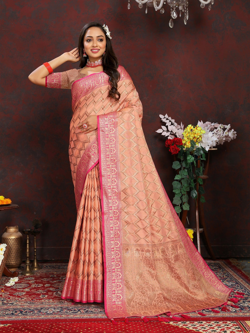Vedant Vastram Peach Color Banarasi Silk Saree - Peach | Grocsy