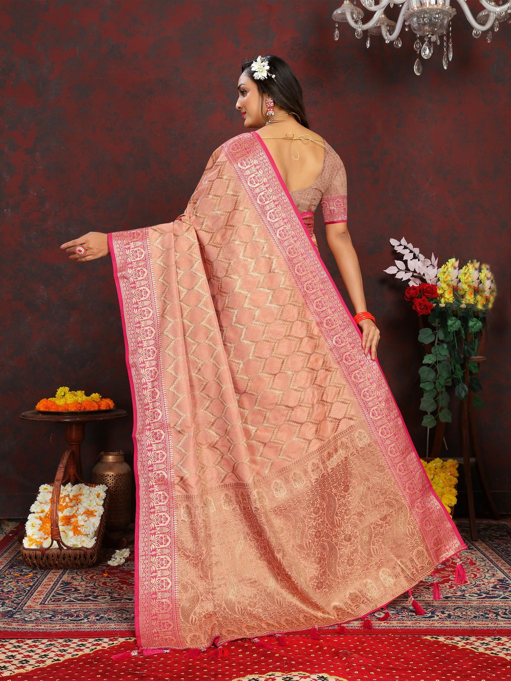 Vedant Vastram Peach Color Banarasi Silk Saree - Peach | Grocsy