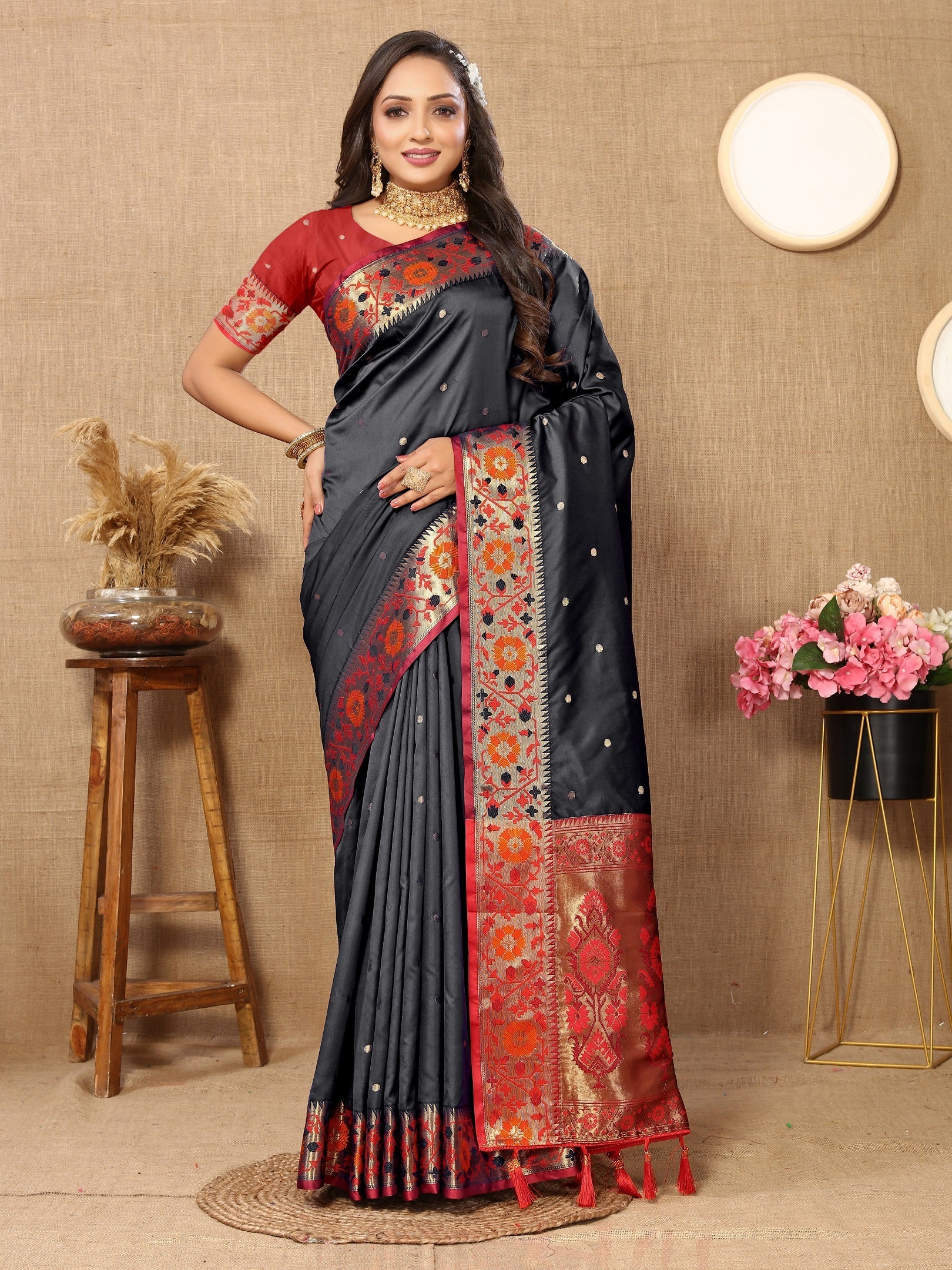 Vedant Vastram Black Color Paithani Silk Saree - Black | Grocsy