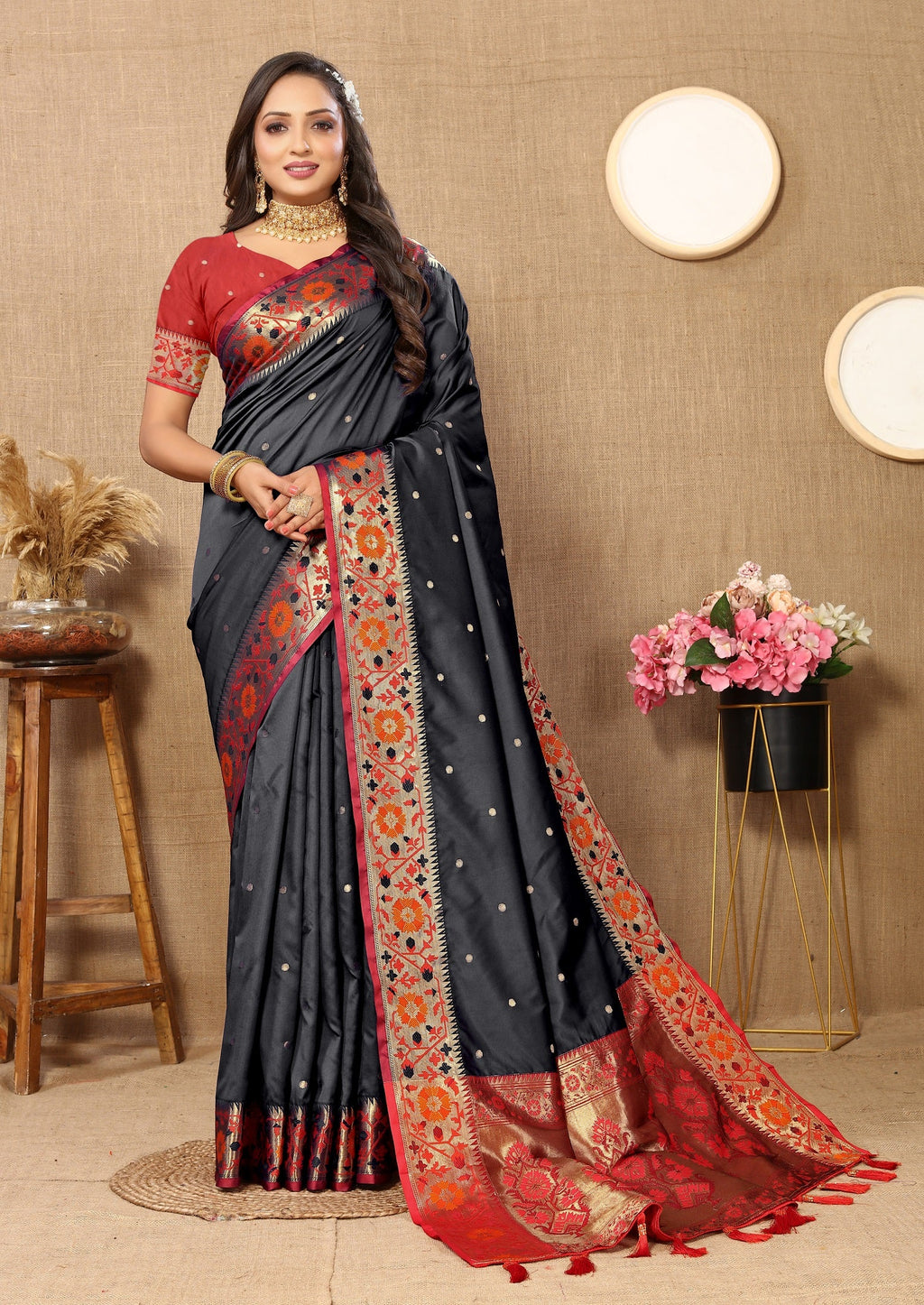 Vedant Vastram Black Color Paithani Silk Saree - Black | Grocsy