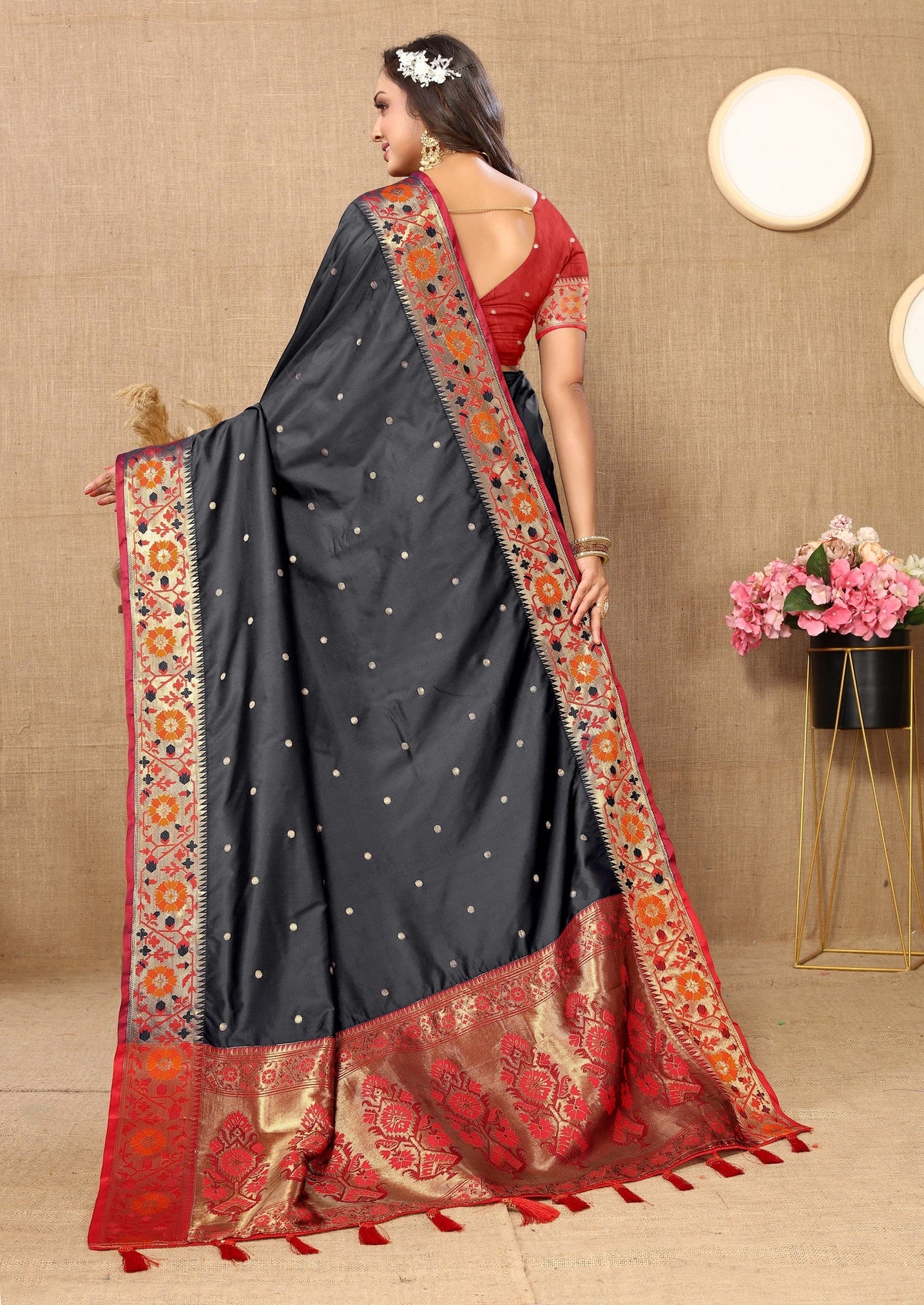 Vedant Vastram Black Color Paithani Silk Saree - Black | Grocsy