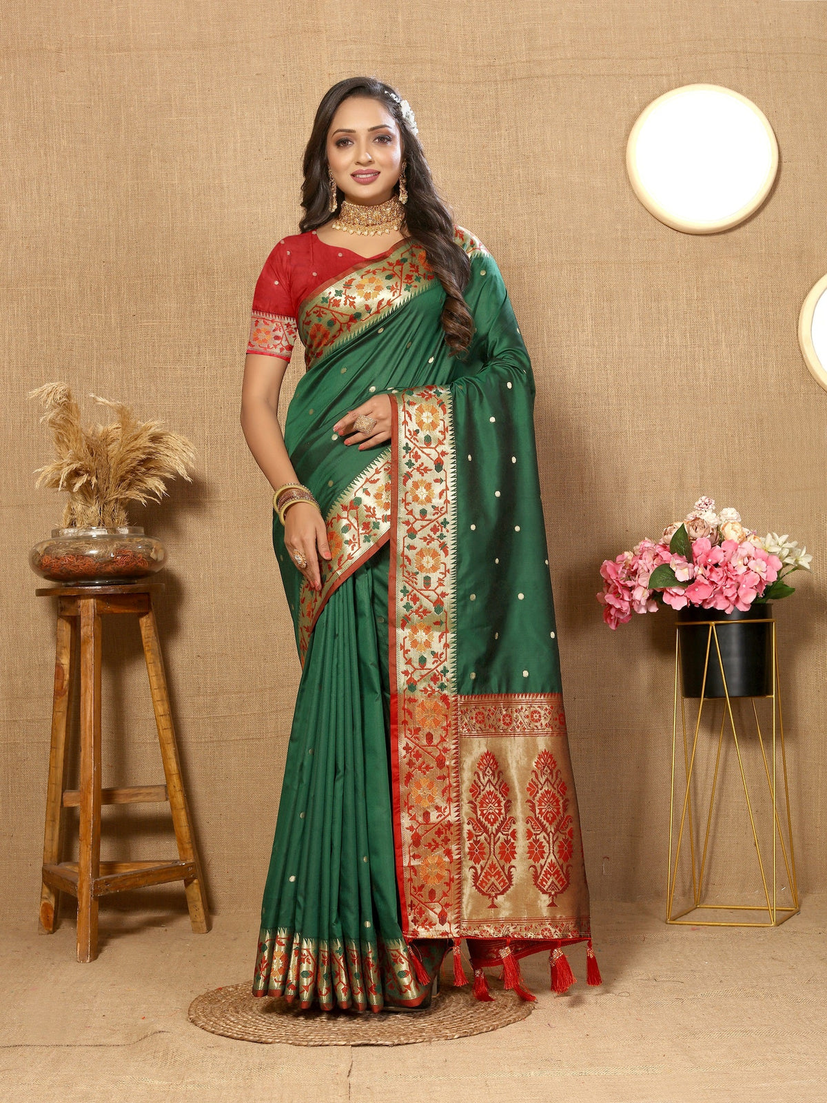 Vedant Vastram Bottle Green Color Paithani Silk Saree - Bottle Green | Grocsy