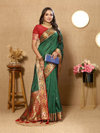 Vedant Vastram Bottle Green Color Paithani Silk Saree - Bottle Green | Grocsy