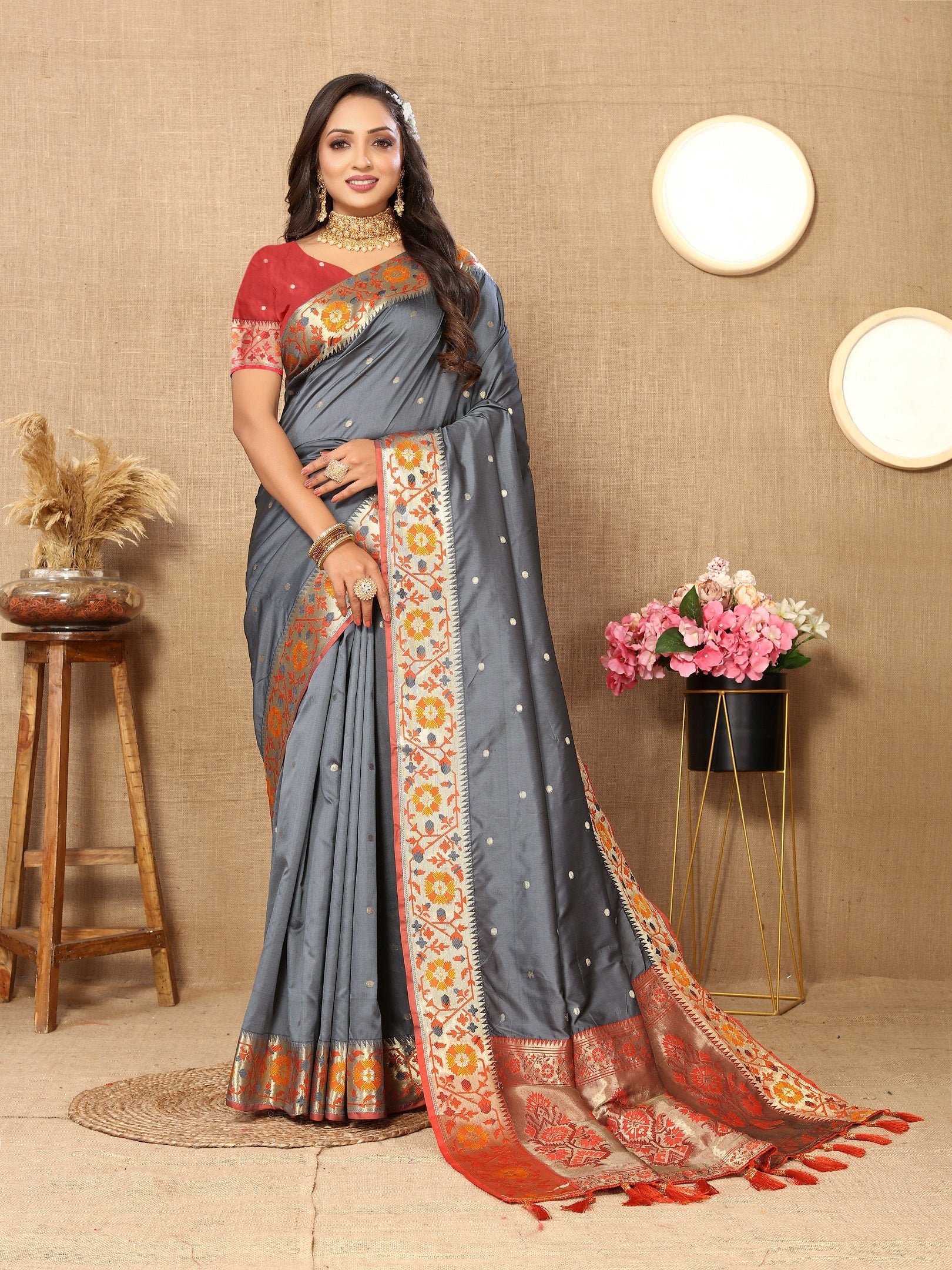 Vedant Vastram Grey Color Paithani Silk Saree - Grey | Grocsy