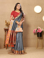 Vedant Vastram Grey Color Paithani Silk Saree - Grey | Grocsy
