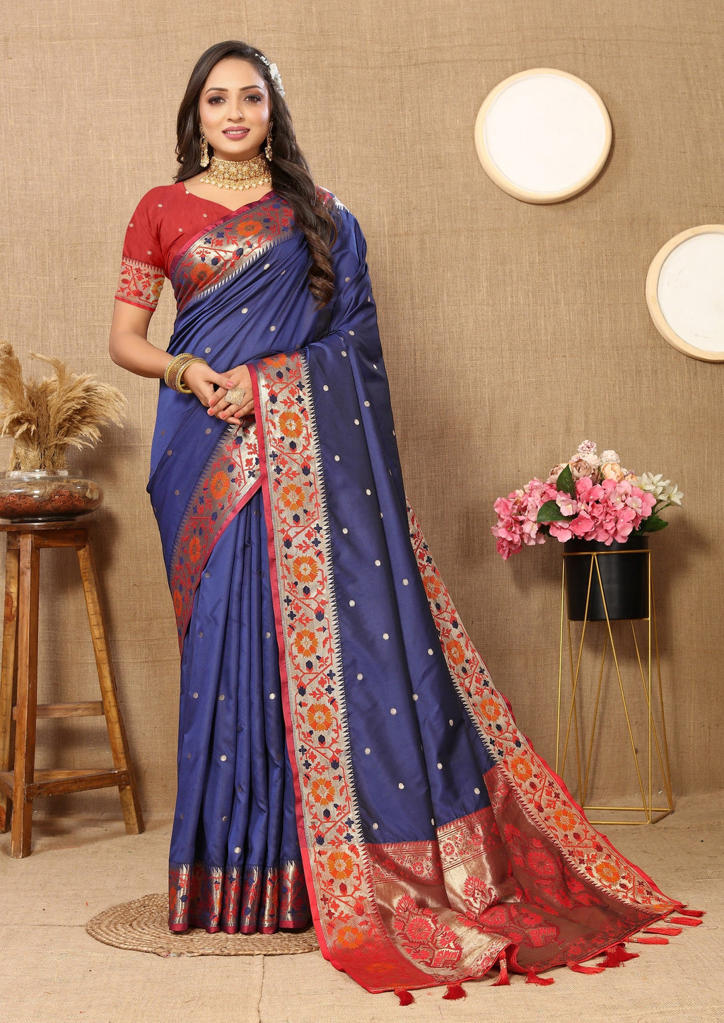 Vedant Vastram Navy Blue Color Paithani Silk Saree - Navy Blue | Grocsy