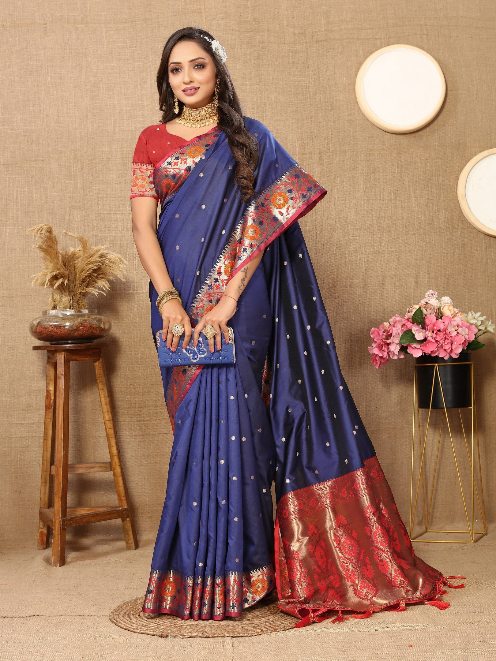 Vedant Vastram Navy Blue Color Paithani Silk Saree - Navy Blue | Grocsy
