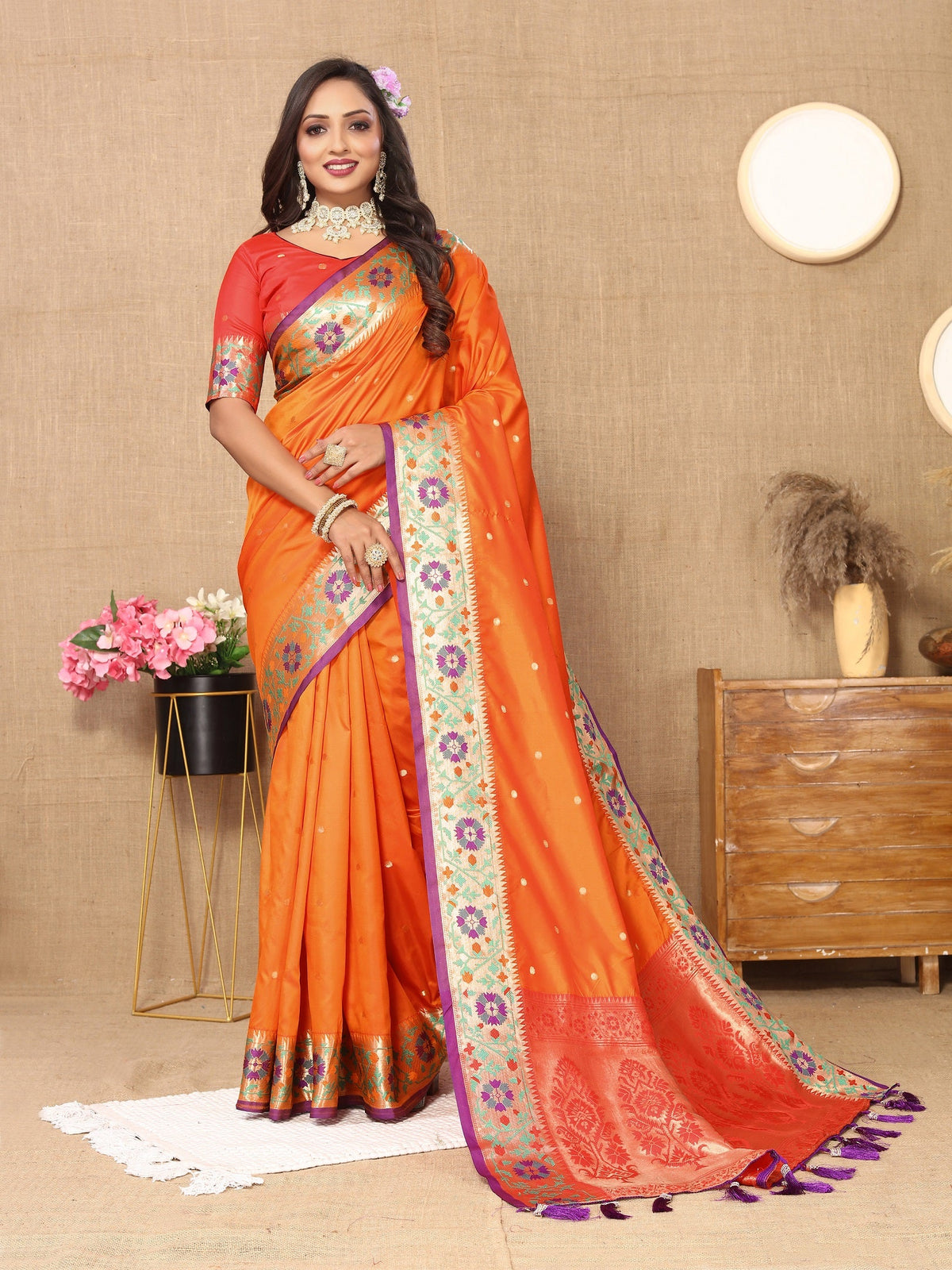 Vedant Vastram Orange Color Paithani Silk Saree - Orange | Grocsy