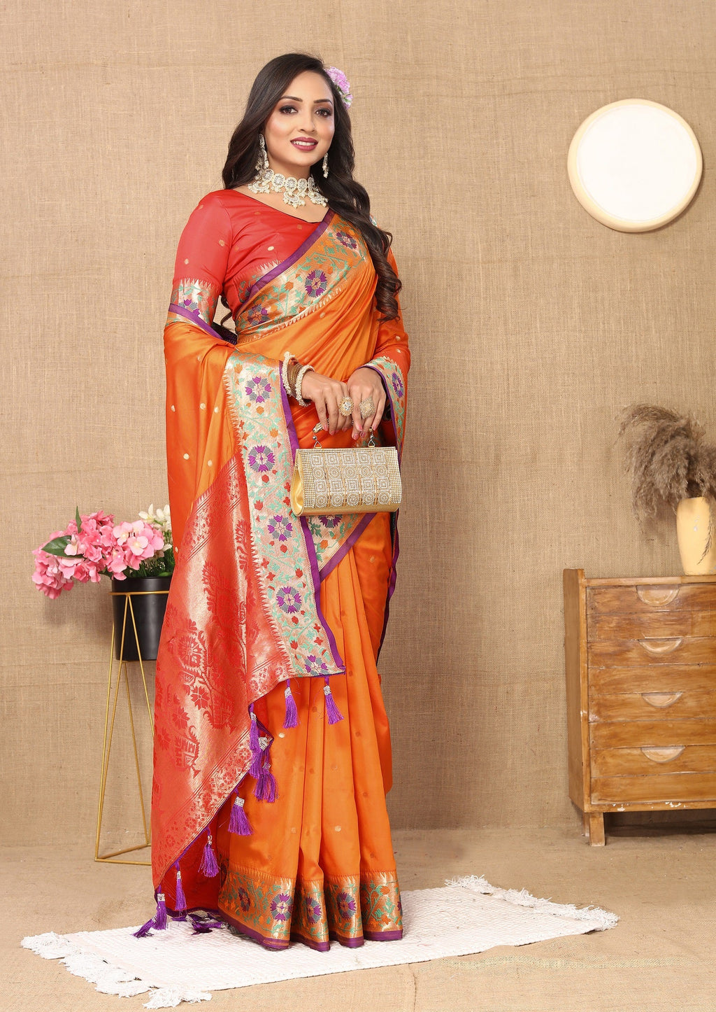 Vedant Vastram Orange Color Paithani Silk Saree - Orange | Grocsy