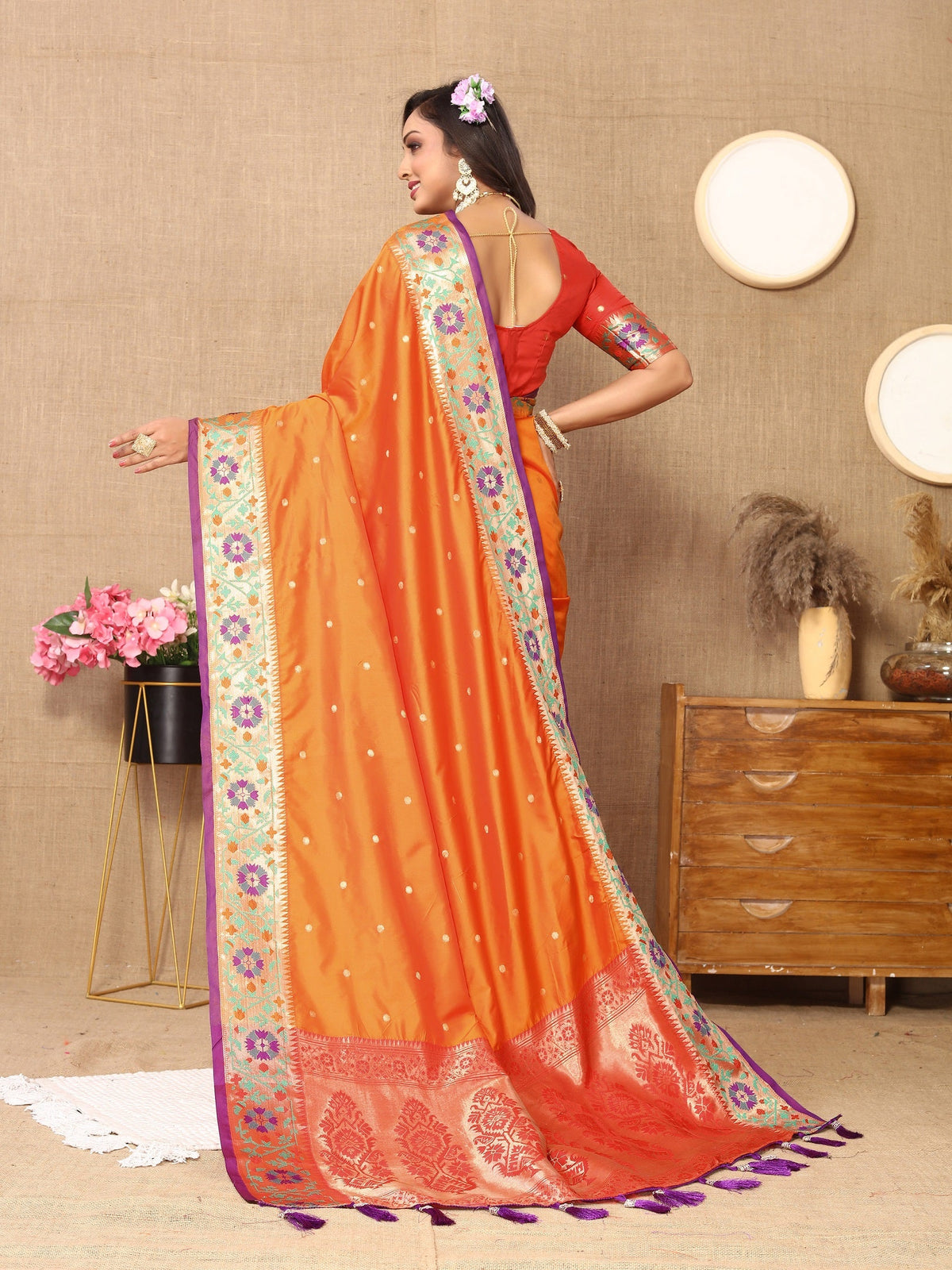 Vedant Vastram Orange Color Paithani Silk Saree - Orange | Grocsy