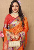Vedant Vastram Orange Color Paithani Silk Saree - Orange | Grocsy
