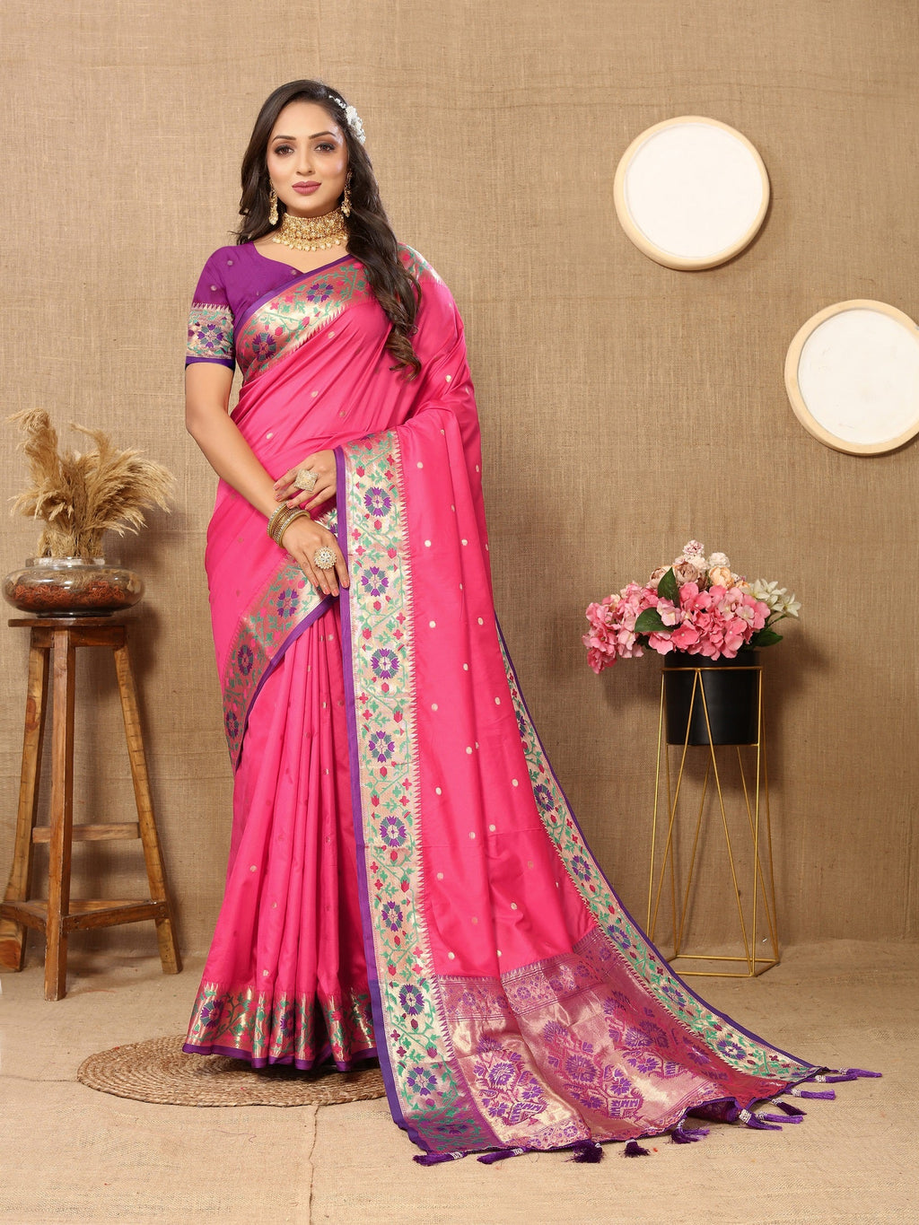 Vedant Vastram Pink Color Paithani Silk Saree - Pink | Grocsy