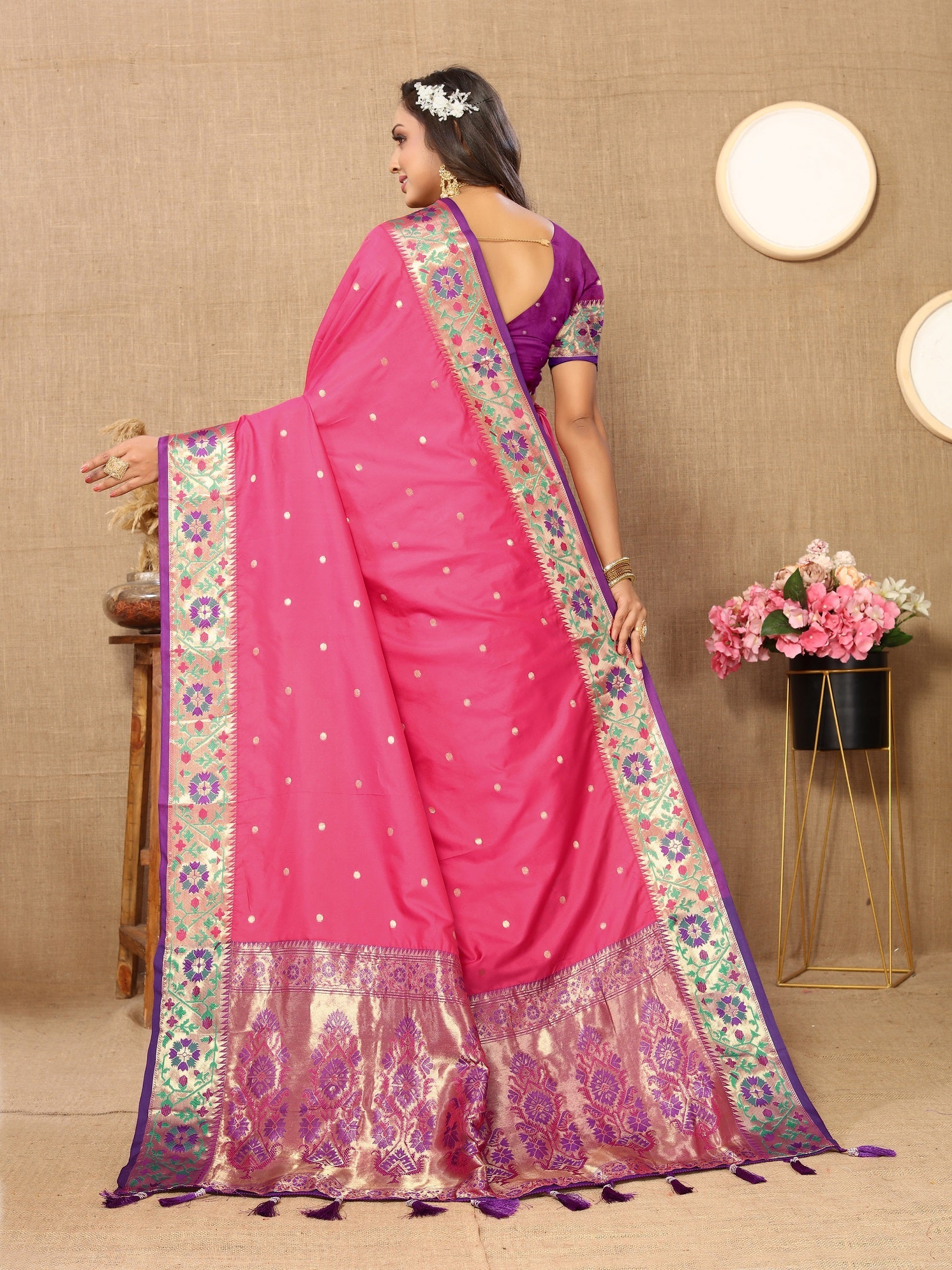 Vedant Vastram Pink Color Paithani Silk Saree - Pink | Grocsy