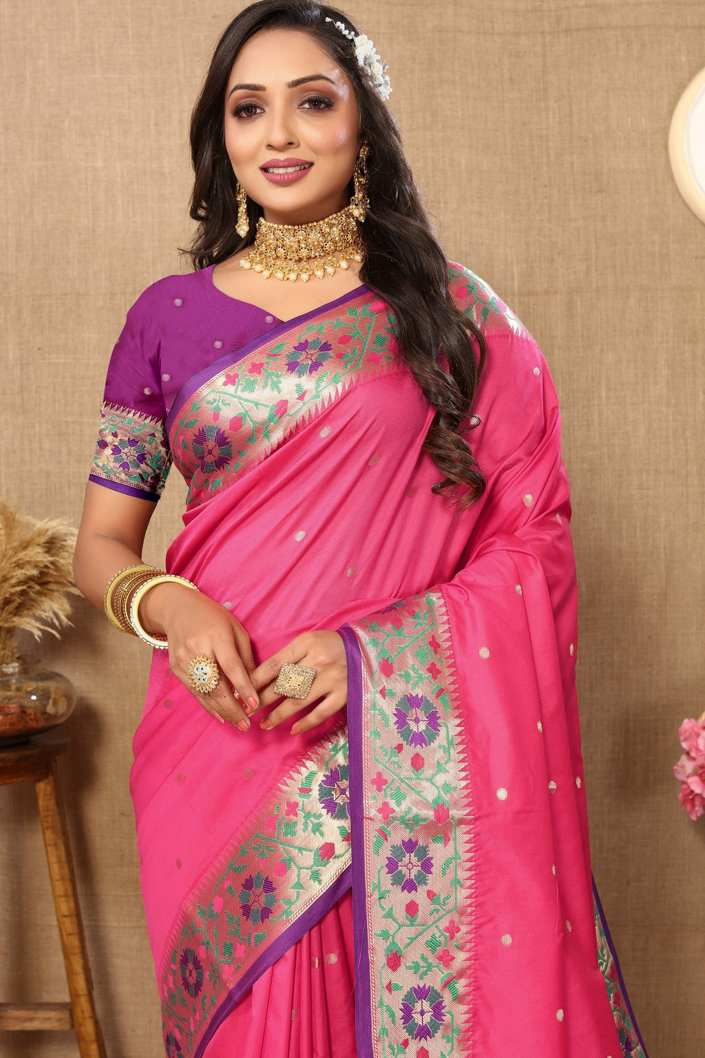 Vedant Vastram Pink Color Paithani Silk Saree - Pink | Grocsy