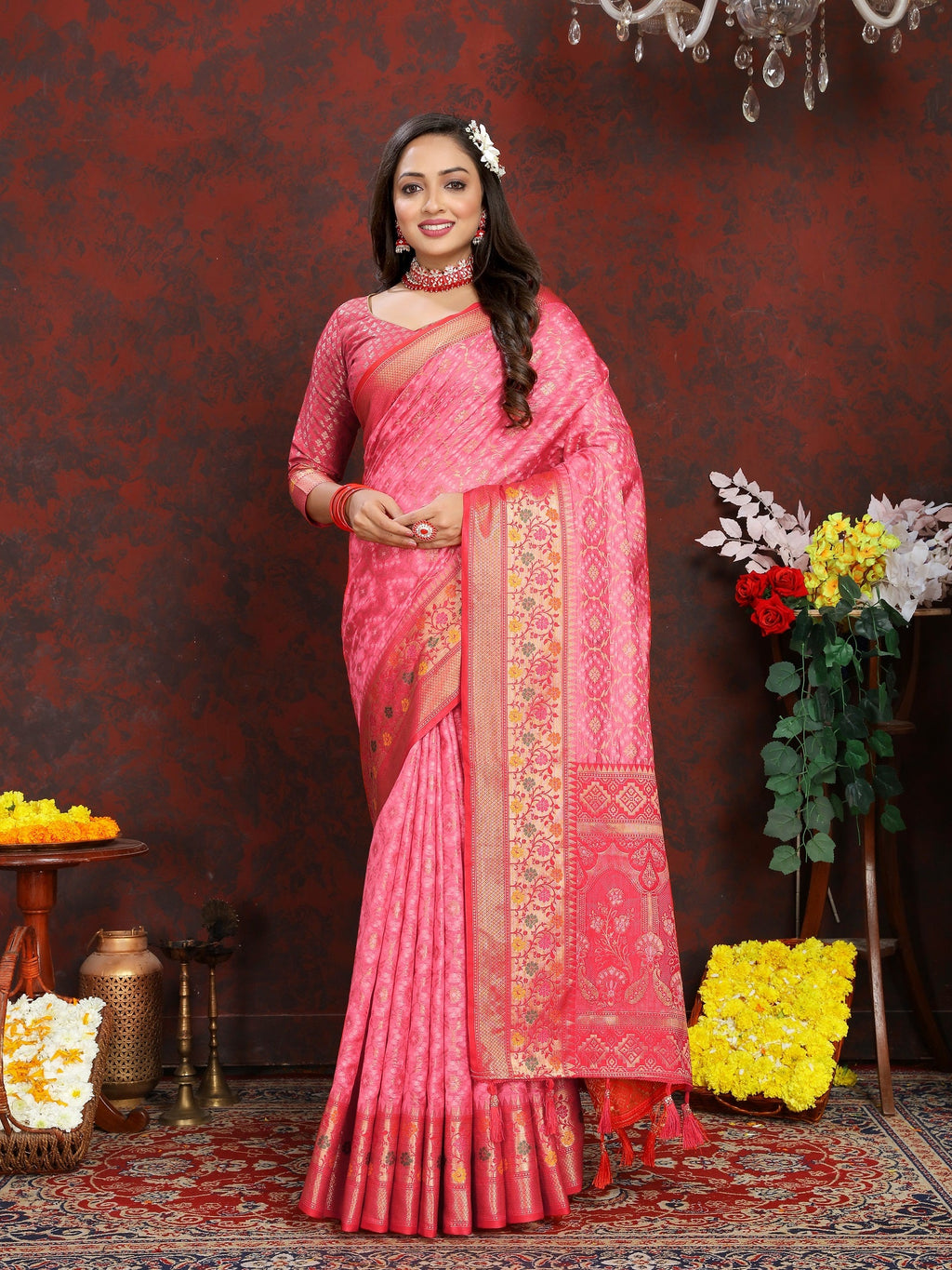 Vedant Vastram Baby Pink Color Kanjeevaram Organza Silk Saree - Baby Pink | Grocsy